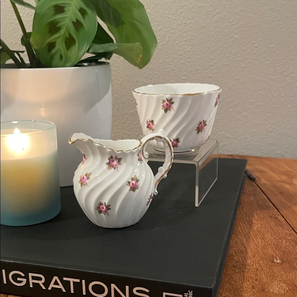 Vintage Aynsley Hathaway Bone China Creamer & Open Sugar Bowl–England–Gold Trim
